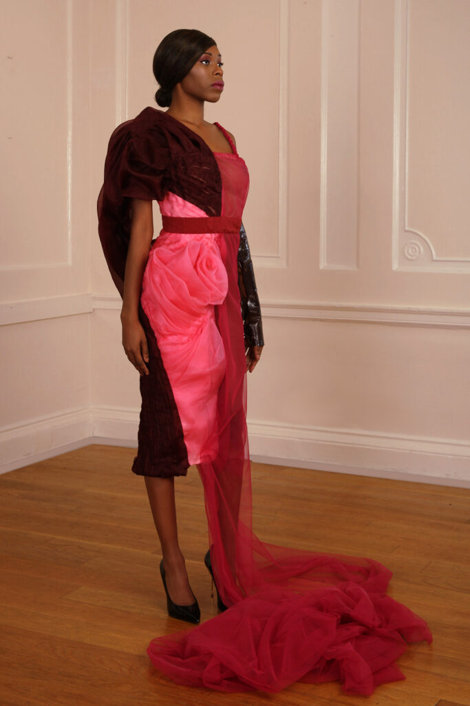 couture dress, haute couture dress, sculpted fashion, draped drress, draped couture dress, red dress, dress with flowers/ floral dress/ organza dress, silk organza dress/tulle dress, evening wear custom made dress gown, luxury fashion, sculpted dress, pleated dress, hand made dress, London designer, black american designer London