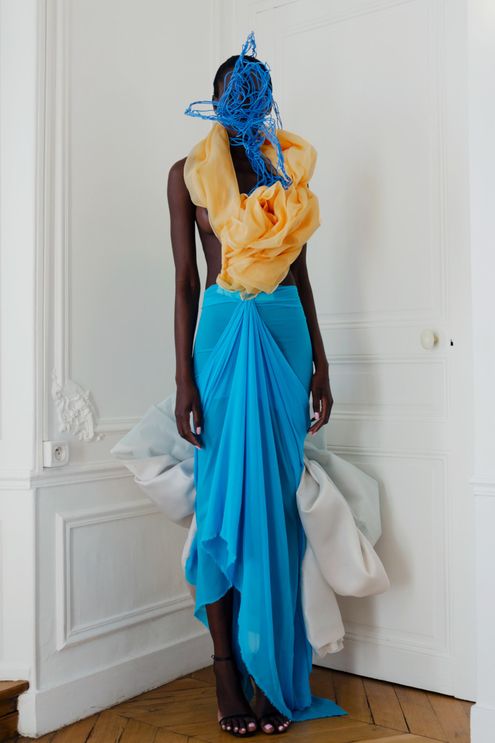 Angelo Fair Couture Blue Yellow silk Chiffon Dress Red Carpet