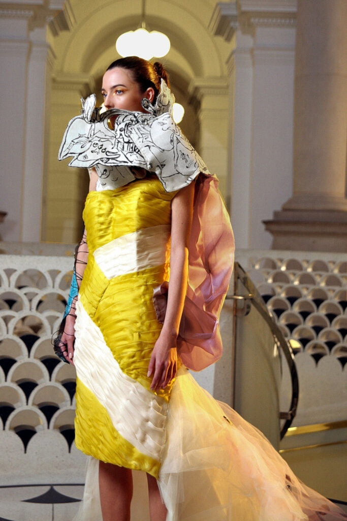 Angelo Fair yellow chiffon couture dress with artistic collar