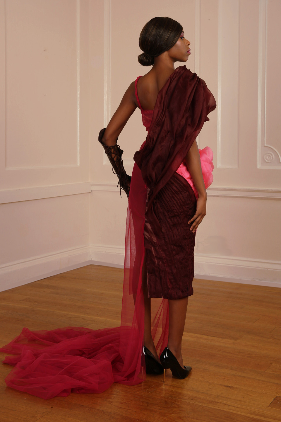 High End Dress 100% Silk organza and red wine Tulle Red Carpet Dress London Catwalk Paris Dress Wine Red Dress Shoulder Sash Back View