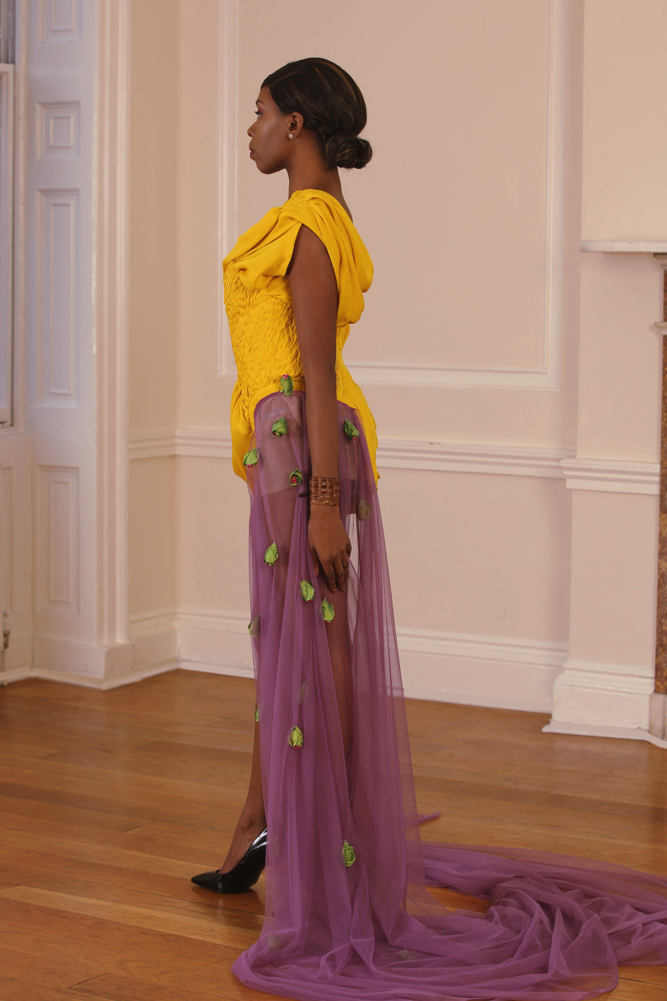 Angelo Fair Couture Stunning Show Stopper Yellow Silk Crepe Paris Haute Couture Week Dress Plum Tulle
