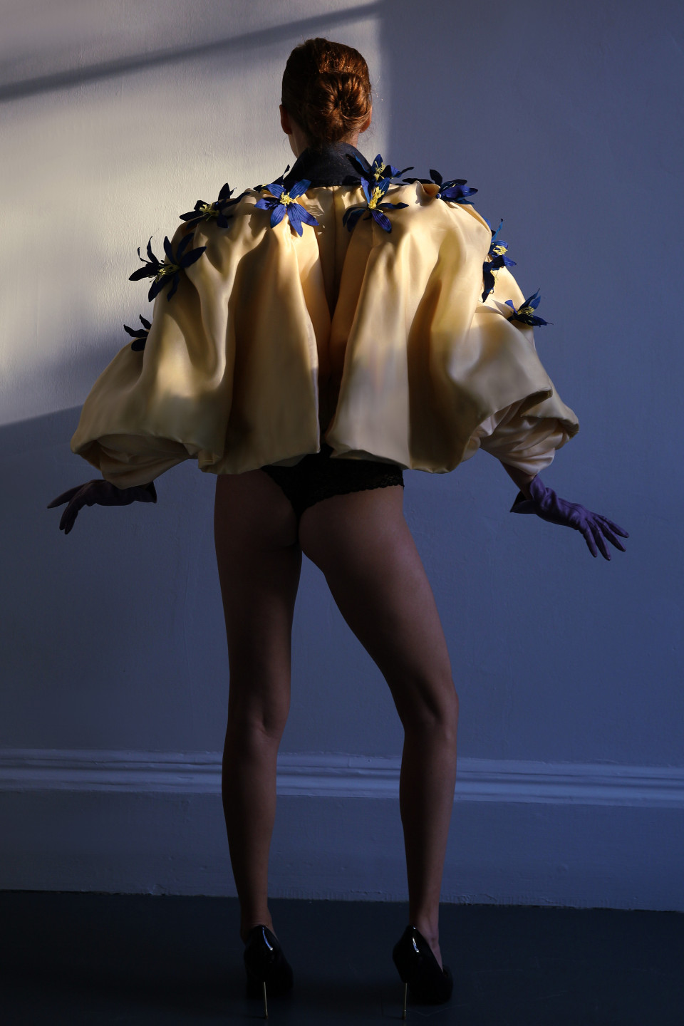 High End Jacket in wool navy with silk satin organza covered in yellow silk flowers in electric blue