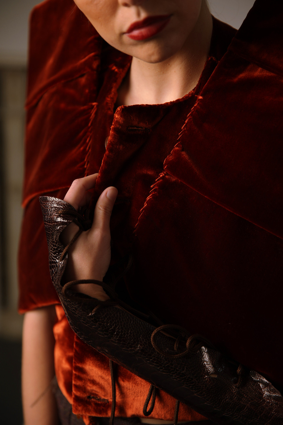 Angelo Fair Couture Stunning Coat in Dark orange Velvet Paris Haute Couture Week Dress Upclose