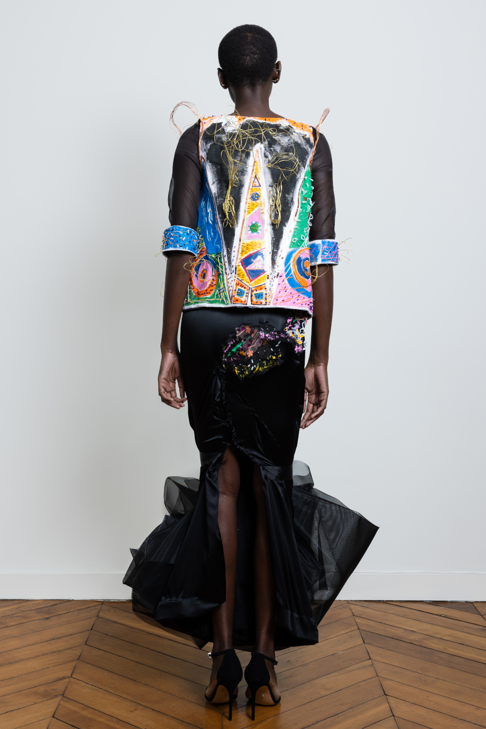 Luxury Angelo Fair Silk Organza Dress Haute Couture Week Jacket multi color silk organza with black copper foil and skirt in silk satin