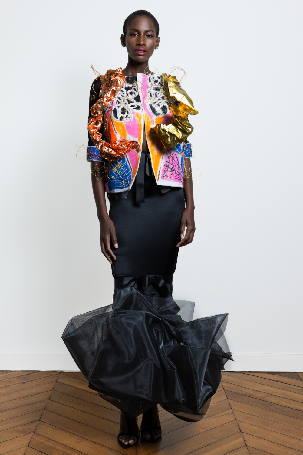 Luxury Angelo Fair Silk Organza Dress Haute Couture Week Jacket multi color silk organza with black copper foil and skirt in silk satin