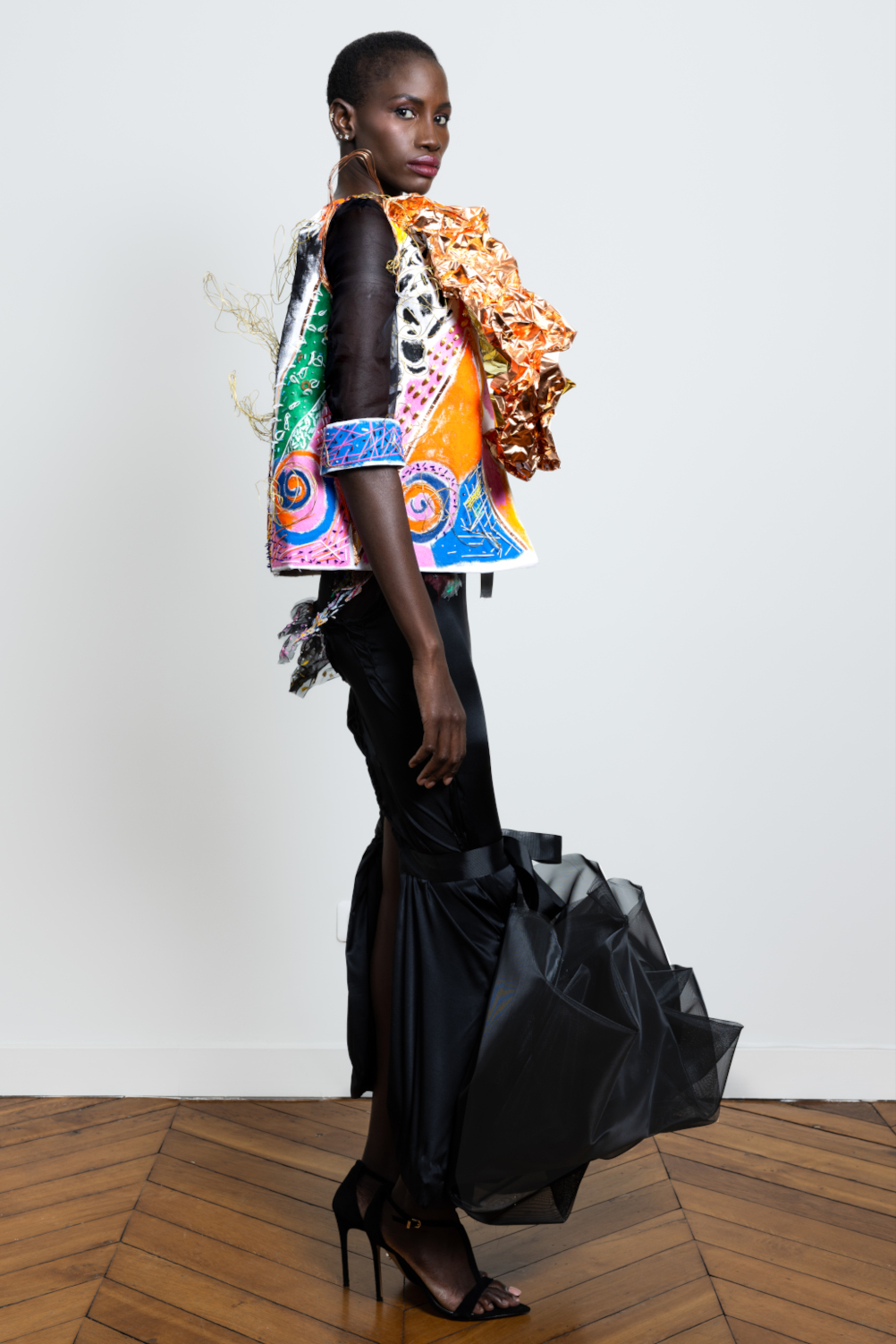 Luxury Angelo Fair Silk Organza Dress Haute Couture Week Jacket multi color silk organza with black copper foil and skirt in silk satin