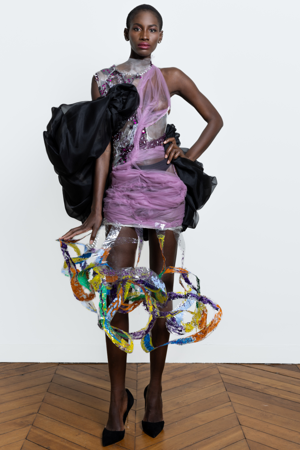 Angelo Fair Silk Dress Haute Couture Week lavender silk organza with black volumous black silk organza and purple silk organza