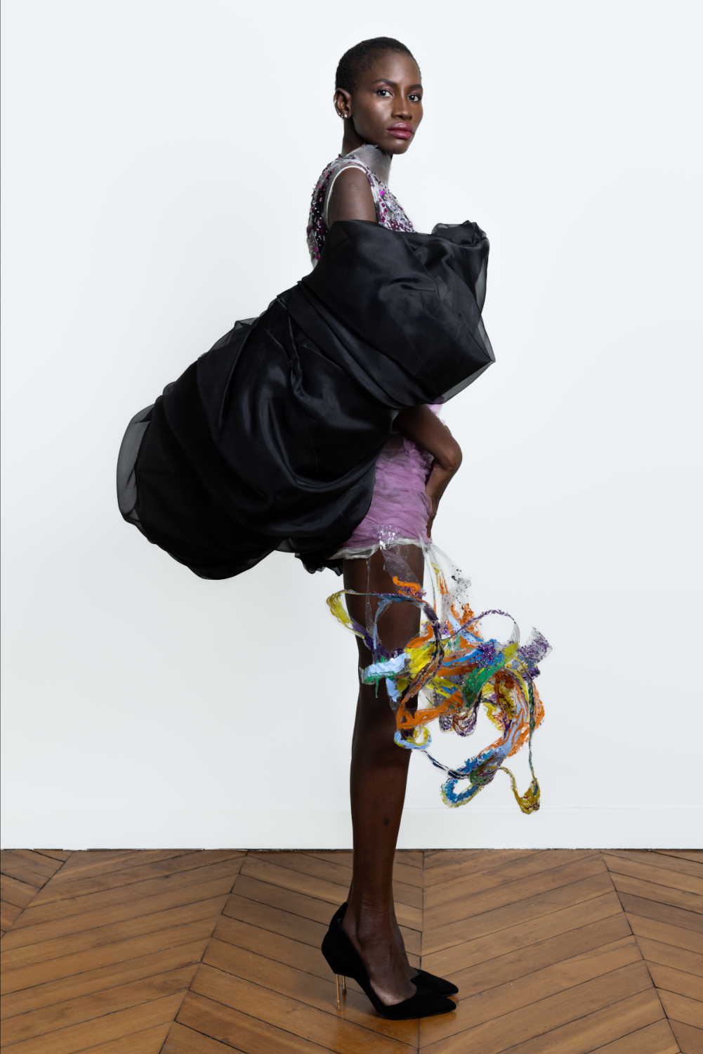 Luxury Angelo Fair Silk Dress Haute Couture Week lavender silk organza with black volumous black silk organza and purple silk organza