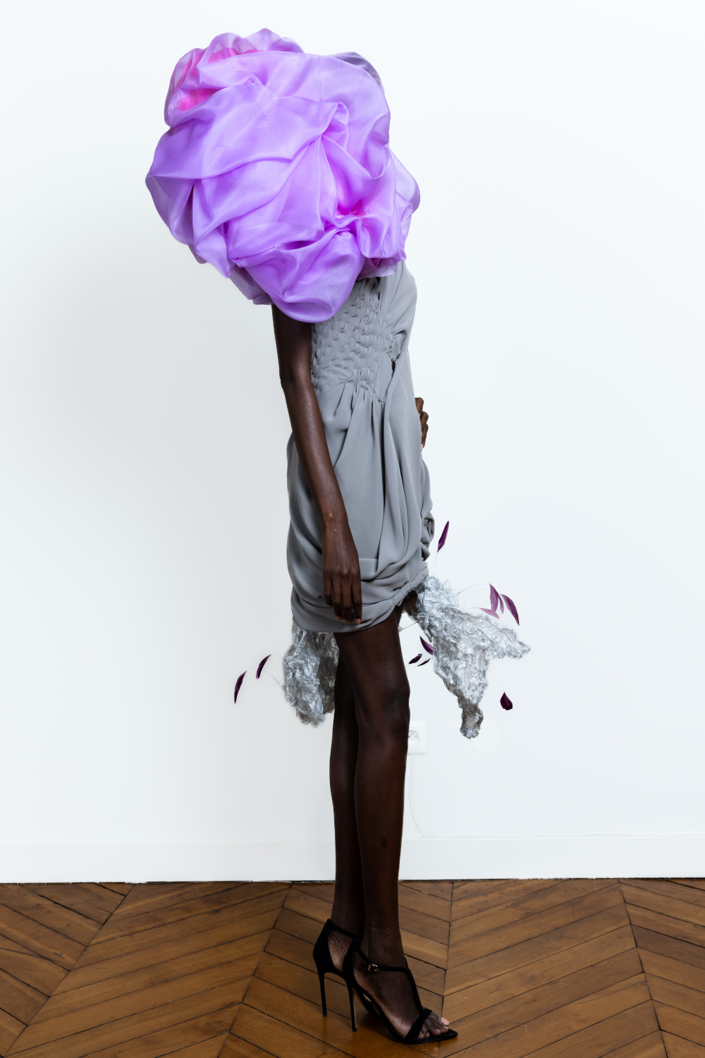 Luxury Red Carpet Stunning Angelo Fair Couture Grey Silk Crepe Dress Haute Couture Week Show Stopper Dress with voluminous draped head adornment in rich lavender and coque feathers