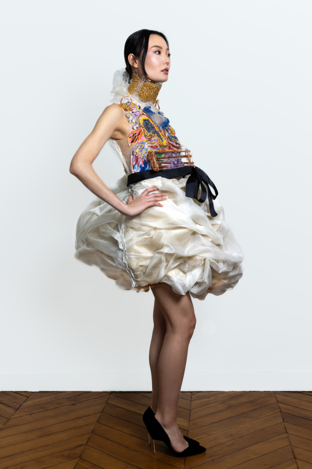 Luxury Red Carpet Stunning Silk Organza Dress Haute Couture Week Show Stopper Dress with voluminous draped waist and bejeweled top