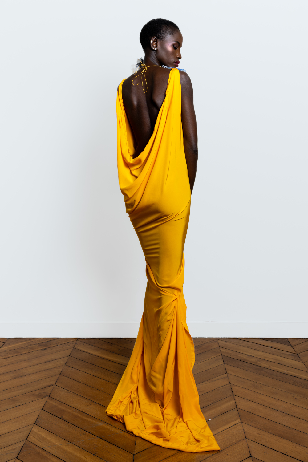 Angelo Fair Couture Silk Dress Haute Couture Week yellow silk crepe and silk organza and hieroglyphs on buckram