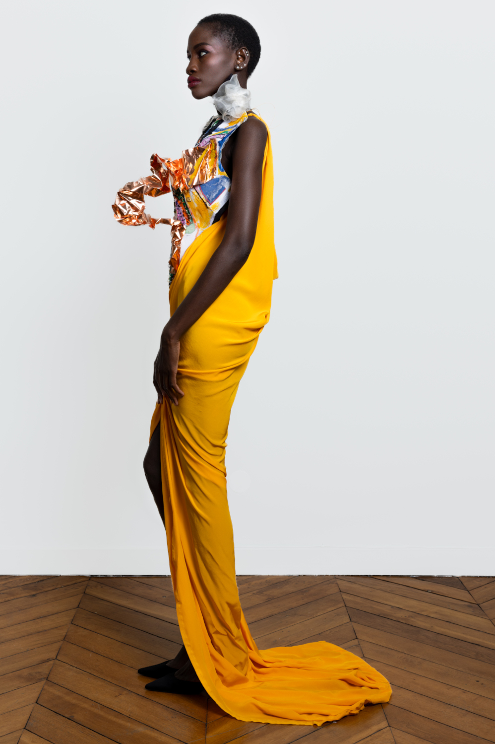 Luxury Angelo Fair Couture Silk Dress Haute Couture Week yellow silk crepe,multi tone painted silk organza with buckram