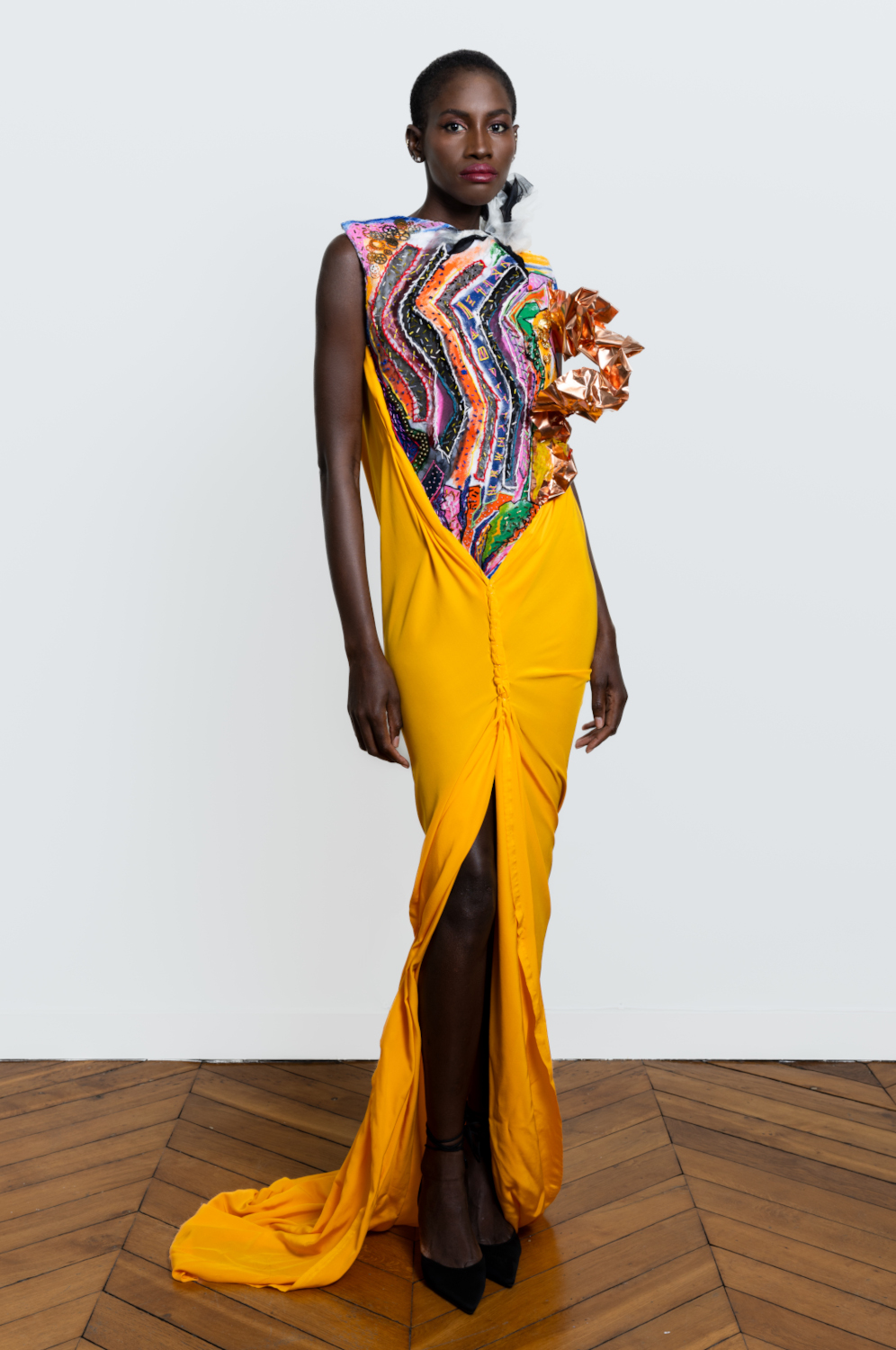 Luxury Angelo Fair Couture Silk Dress Haute Couture Week yellow silk crepe,multi tone painted silk organza with buckram and hieroglyphs