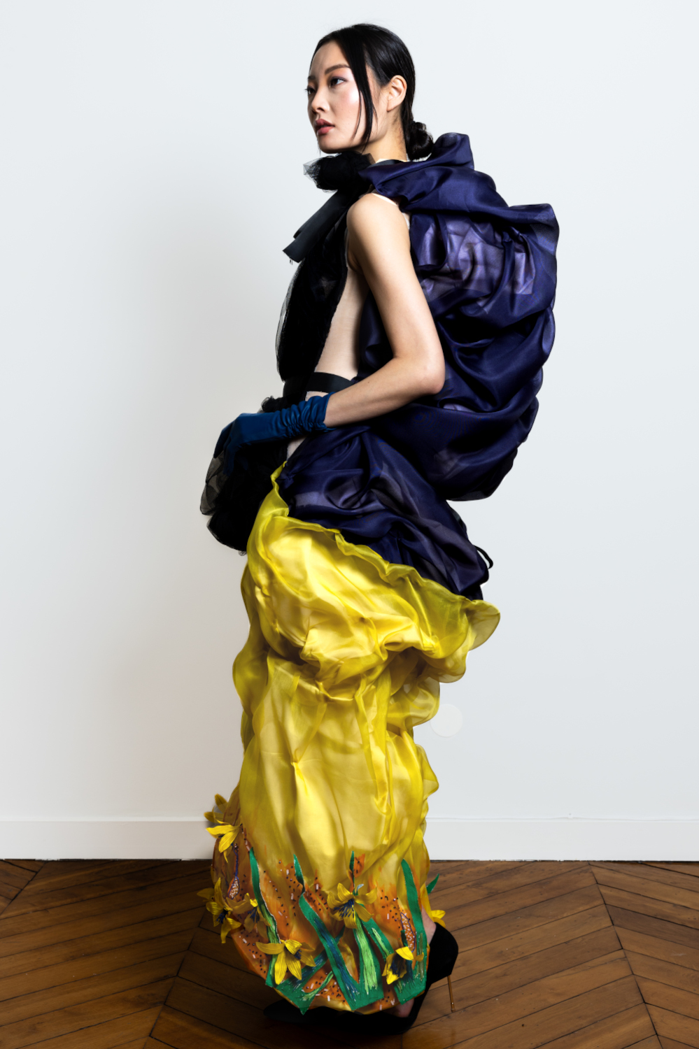 Luxury Angelo Fair Couture Silk Organza Dress Haute Couture Week Black silk organza with yellow silk chiffon and flower decor on the bottom